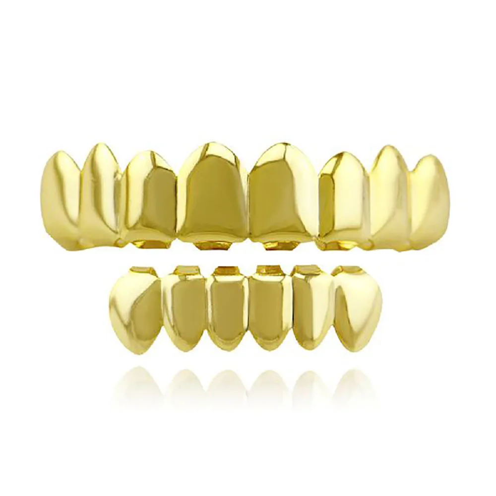 

Sangdo Gold Electroplating Fashionable Teeth Grillz Set Teeth Socket Shiny False Teeth for Rapper Hip-hop