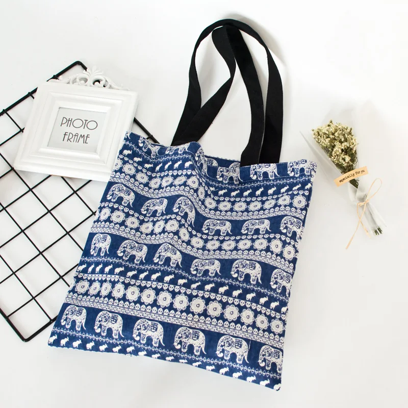 

YILE Cotton Linen Eco shopping Tote Shoulder Bag Elephant Blue Black Strap C12f