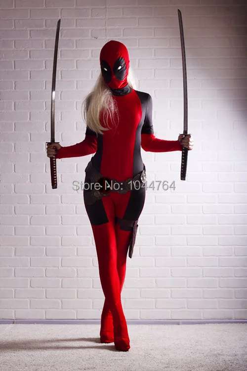 Cool Lady Deadpool Costume Red full body spandex girl/women/female Deadpool Costumes Two style deadpool costume wholesale