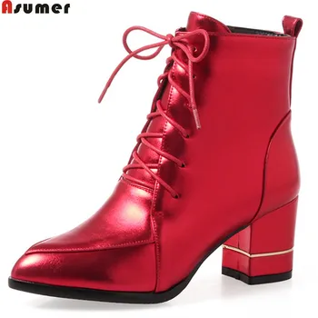 

ASUMER 2020 hot sale new arrive women boots pointed toe lace up ladies boots black red gray winter Keep warm ankle boots