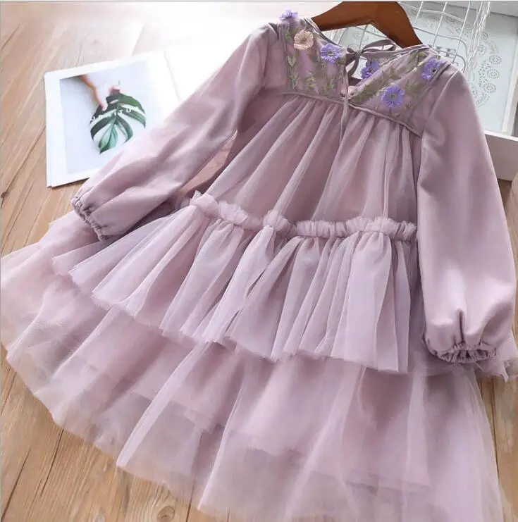 Fall Embroidery Floral Mesh Dresses For Girls Princess, Children Sweet Dress 5 pcs/lot, Wholesale