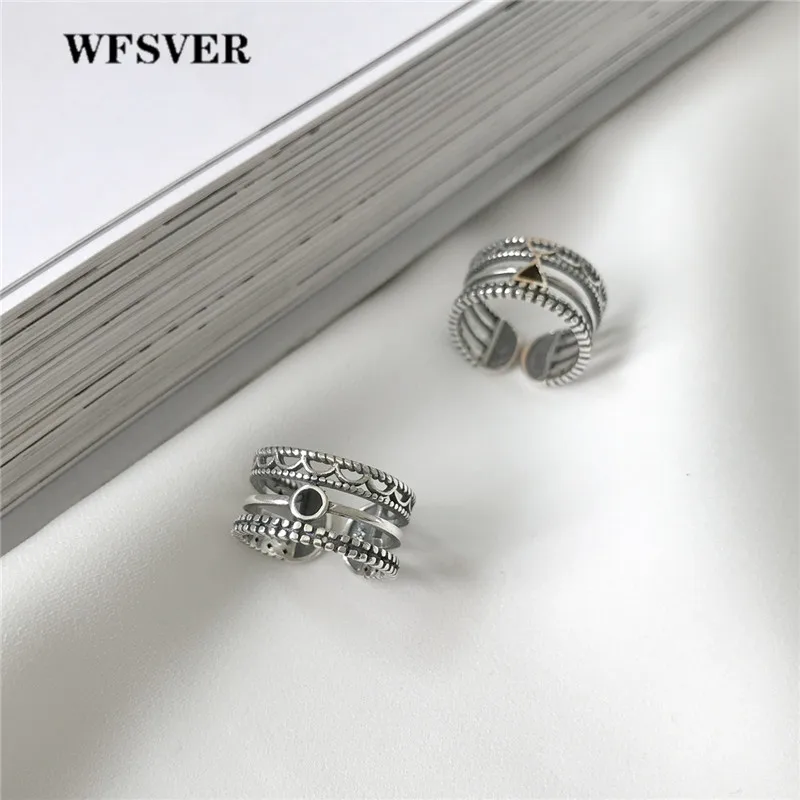 

WFSVER 925 sterling silver ring for women vintage double layer round/square/triangle ring opening adjustable fine jewelry gift