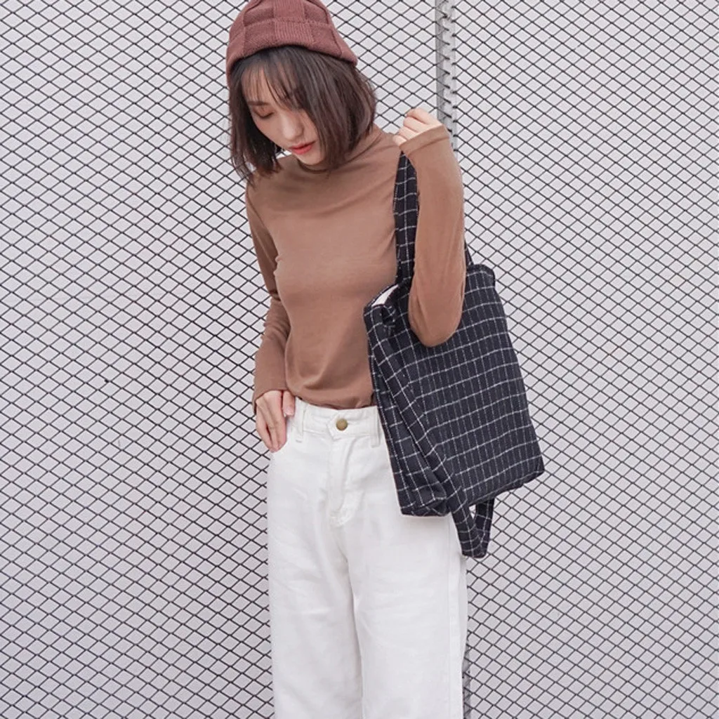 Plaid Canvas Shoulder Shopping Bags Woman Casual Trendy Plaid Canvas Shoulder Bags Campus Style Leisure Crossbody Bags Sac