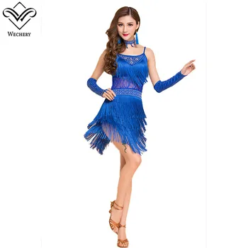 

Wechery Fringed Dresses Dancing Sleeveless Spaghetti Strap Dress with Glove Tassels Latin Cha Cha Samba Tango Dress for Women