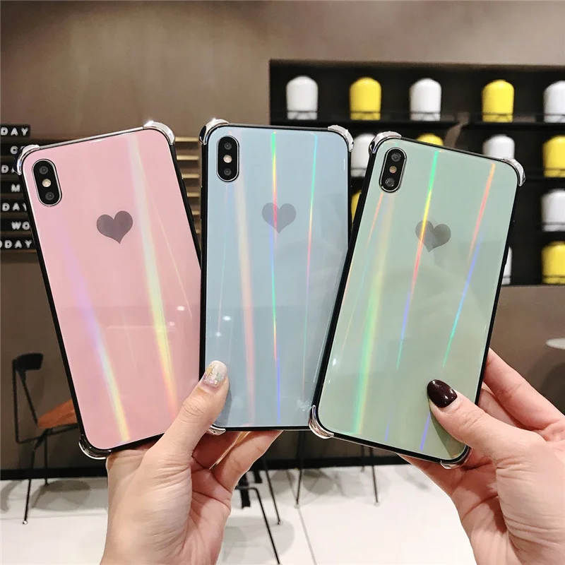 

Cute Laser Aurora Hard Glass Phone Cases For iPhone 7 8 Plus 10 X XS XR Max 6 6S Plus Luxury Loving Heart Glossy Back Cover