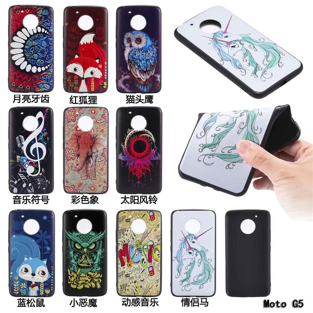 

Soft TPU Cover 5.0"For Motorola Moto G5 Case Relief Animal Plant Painted Colorful Cartoon Black Silicone Protective Case