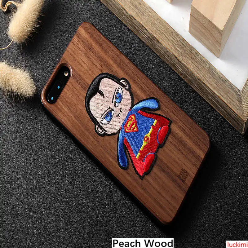 For iphone 6 7 8 6S Plus X Xs Xr Max Superman peach cherry wood Bamboo embroidery Nature Material Phone case cover |
