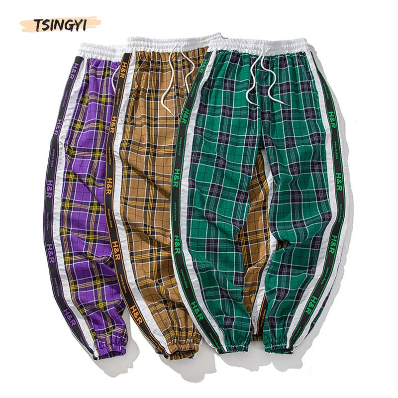 

Tsingyi Letter Print Plaid Stripe Cargo Pants Men Women Streetwear Hip Hop Ankle-Length Green Camel Purple Grid Pattern Joggers