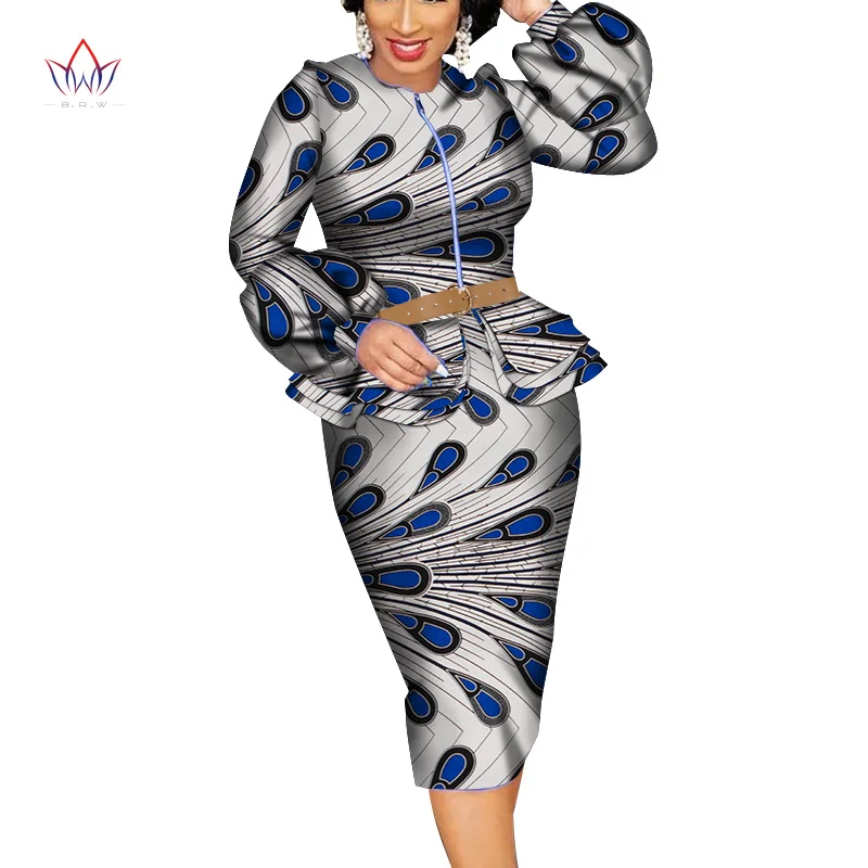 2020 Summer African Dashiki For Women O-neck Skirt Set Natural Bazin Riche African Fashion Clothing Cotton Plus Size BRW WY4686