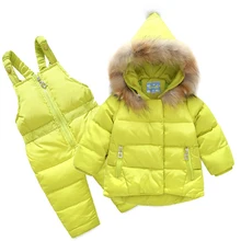 Зимний детский лыжный костюм для маленьких мальчиков комплекты одежды для детей пуховое пальто с воротником из натурального меха+ комбинезон зимняя одежда для маленьких девочек