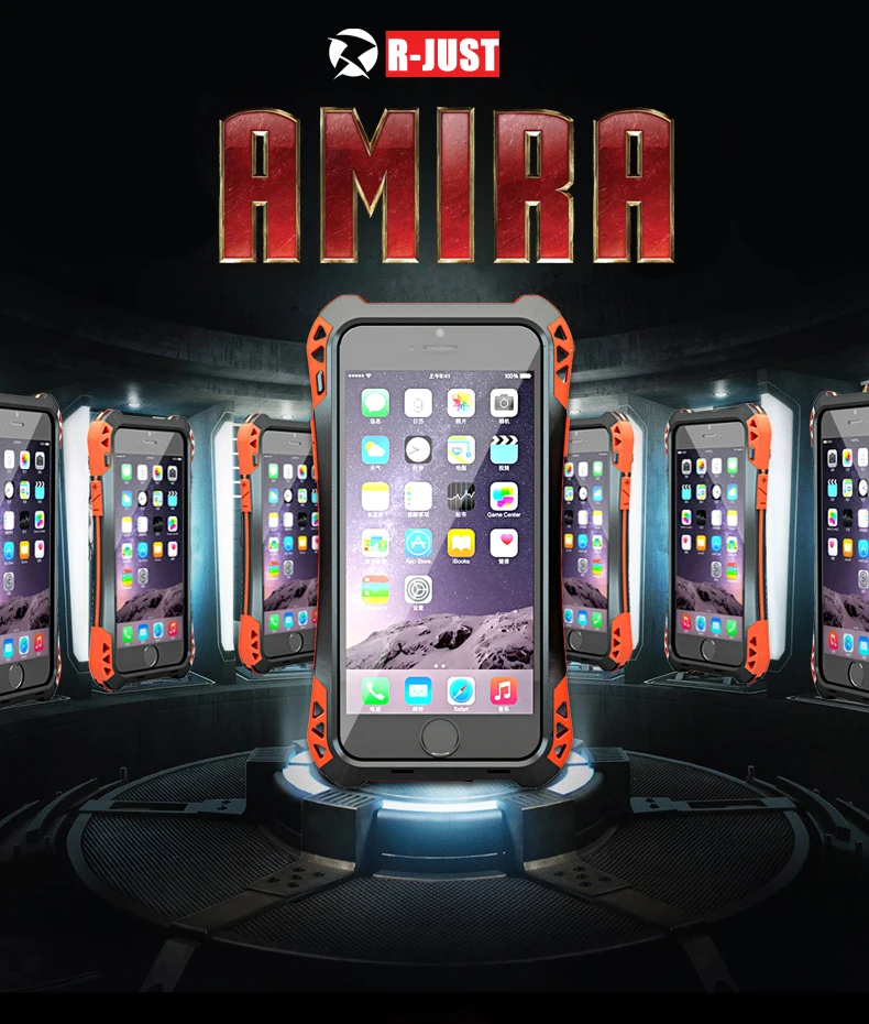 buy AMIRA Shockproof Carbon Fiber Metal Aluminum Armor Waterpro back Case Cover For Apple iPhone 6 6s Plus+Tempered Glass