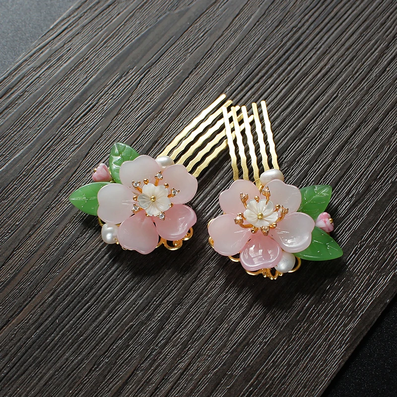 Chinese style vintage pink Cherry blossoms Pearls handmade Hairpin hair Comb hair sticks Hair accessories Headwear for kimono - Цвет: pink