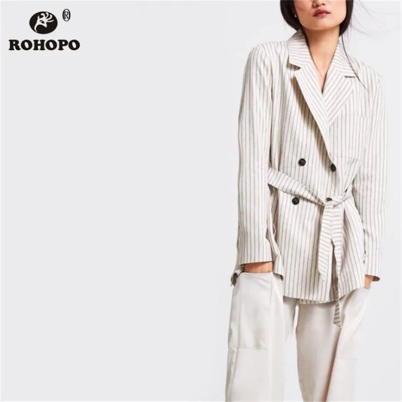 ROHOPO EU Size Women Double Buttons Blazer Vertical Thin Striped Top Pocket Belt White Blazers Ladies Chic Outwear #UZ1002