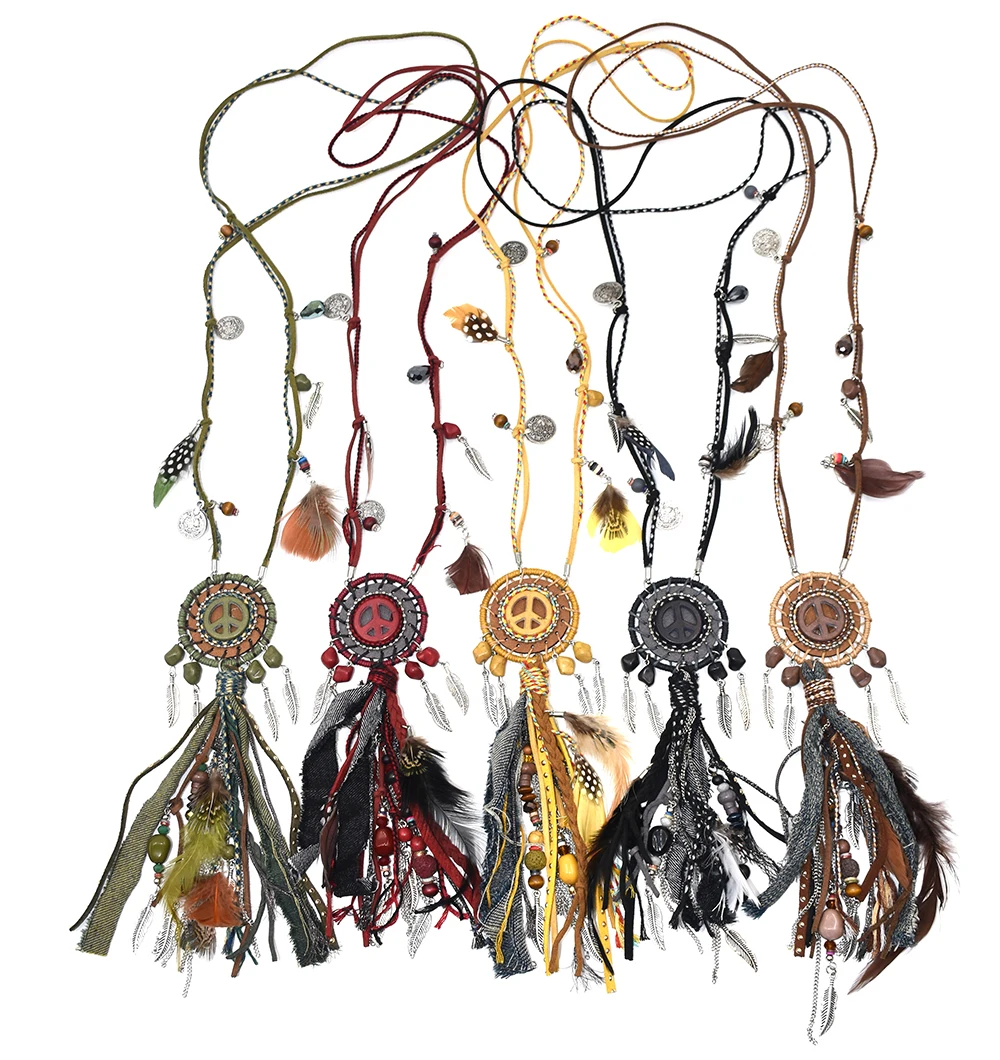 Handmade Bohemian Military green Dream catcher charm necklace feather Pendant necklace Boho statement tassel pendant Necklace