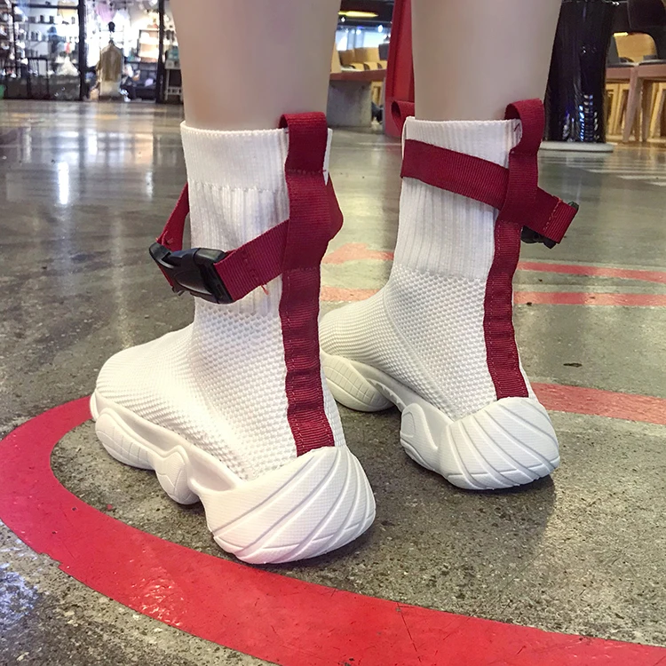 

White Black High Top Platform Sneakers Women Chunky Trainers Women Trendy Knitted Upper Breathable Sneakers Soft Sole 2019