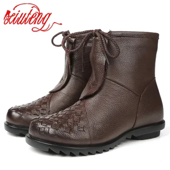 

Xiuteng 2020 New Fashion Womens Ankle Boots Genuine Leather Booties Black Flats Shoes Lady Lace-up Shoes booties