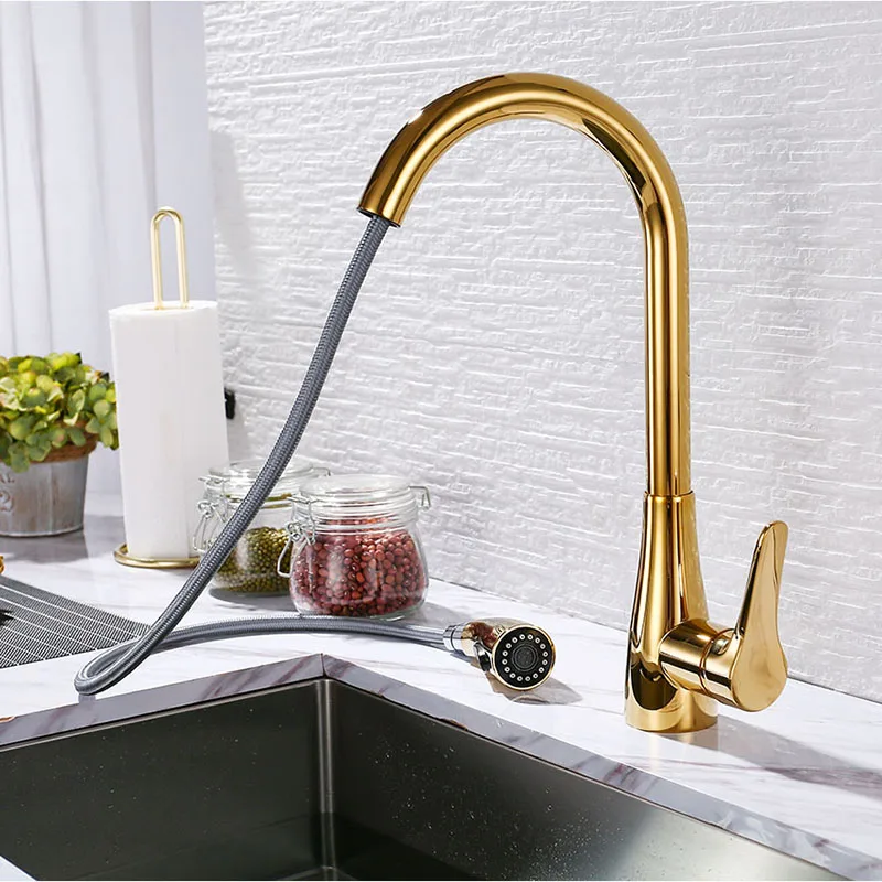 SEKOVA Gold/Rose gold/Chrome/Black Plated Brass Kitchen Faucet Single Handle Deck Mounted Rotation Sink Pull Out Water Mixer Tap