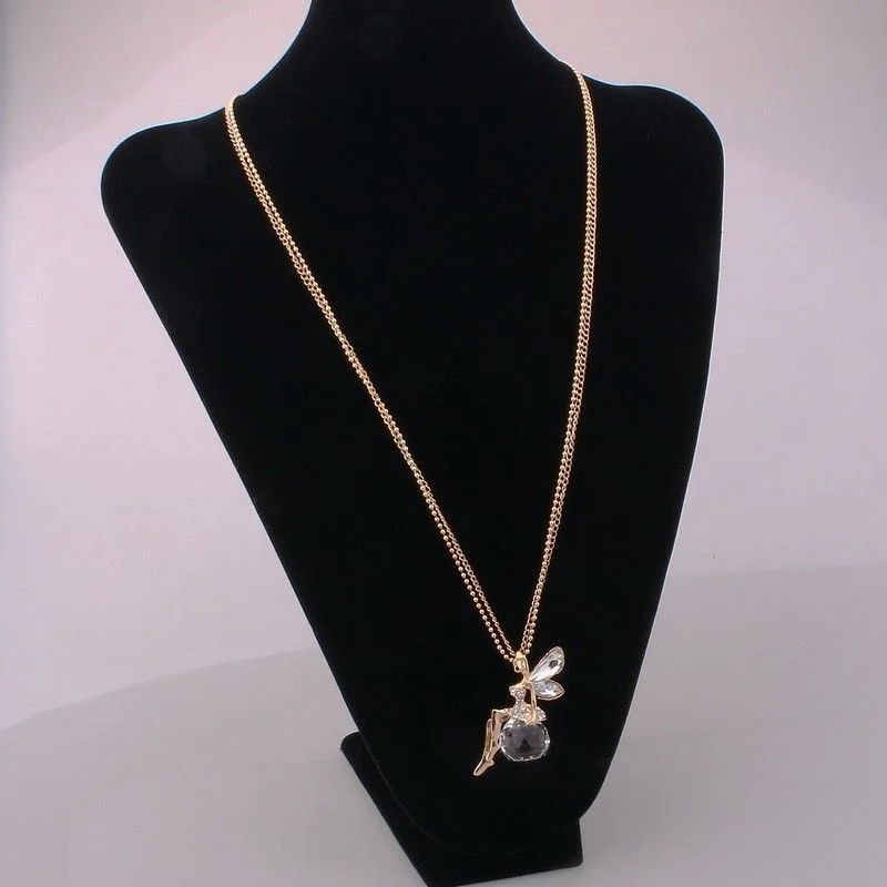 Fashion Women Jewelry Crystal Angel Wings Gold Plated Long Chain Necklace Ahiny Butterfly Fairy Necklace for Girls Birthday Gift