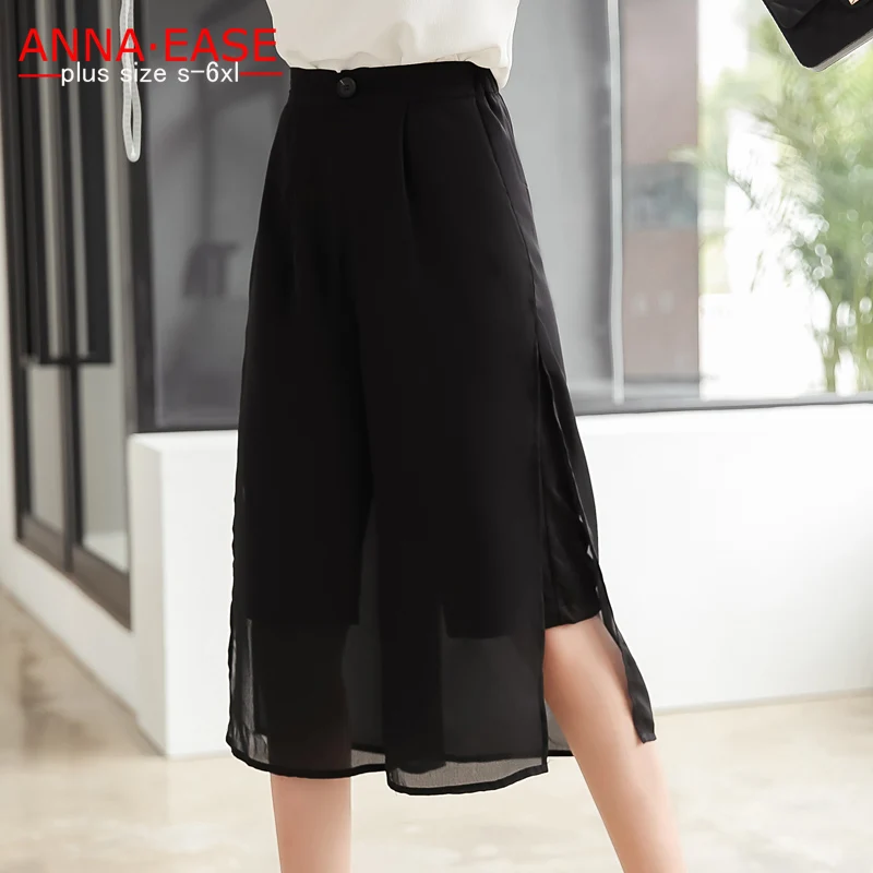 

Plus Size Chiffon Wide Leg Pants Women Black Flare Pants Casual Knee Length Trousers 5XL Loose Pant for Summer