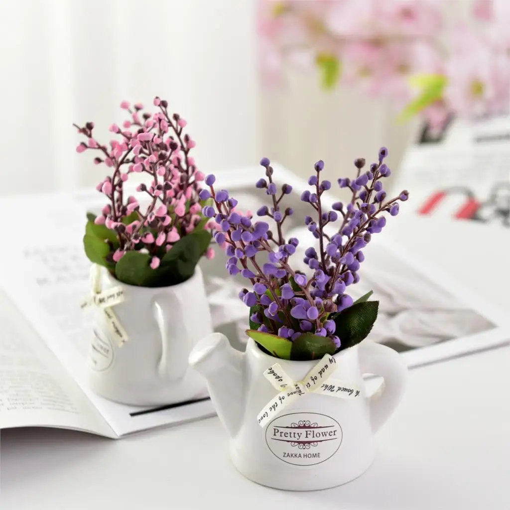 

Fake Flowers Lily of the Valley +Ceramic Small Pot Vase Mini Desktop Bonsai for Living Room Garden Decoration Artificial Flowers