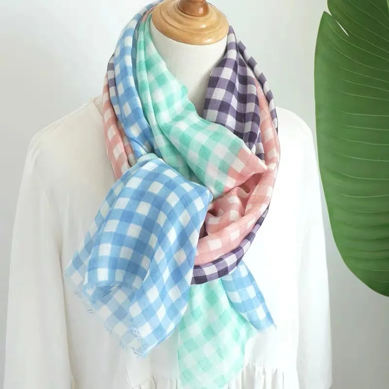 

2019 Newest Women Plaid Pattern Cotton Frayed Scarf 10pcs/lot