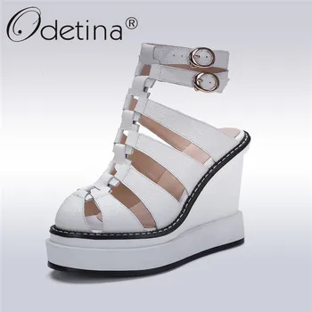 

Odetina 2019 Fashion Genuine Leather Sandals Gladiators Platform Wedges Supper High Heels Women Punk Buckle Strap Summer Shoes