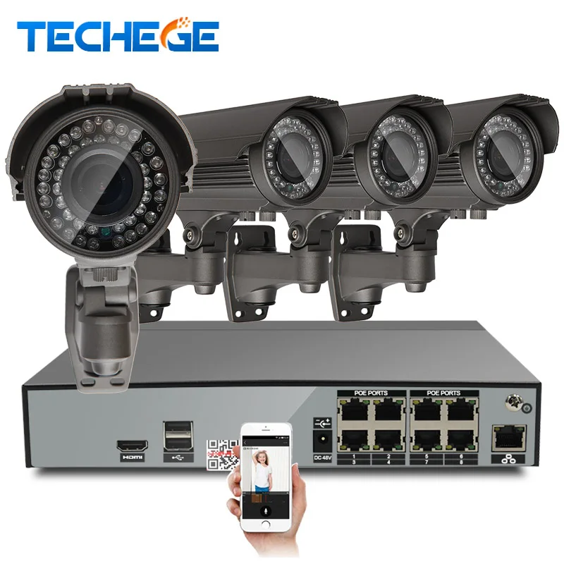 Techege H.265 8CH 4K POE System 2.8-12mm Varifocal Lens 4.0MP IP Camera 2592*1520 IR Outdoor Video Security Surveillance Kit HDD