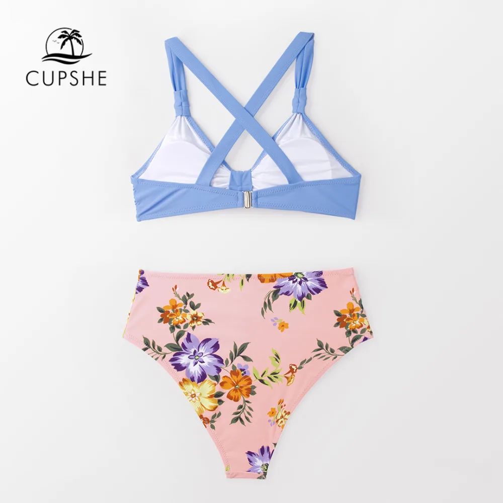 Kaufen CUPSHE Süße Solide Und Floral Verknotet Bikini Sets Frauen Kreuzmuster Zwei Stück Badeanzüge 2020 Mädchen Strand Badeanzüge