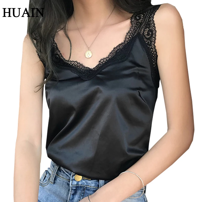 

Women Satin Tank Top Summer Lace Patchwork Casual Tank Top 2019 Solid Color Sleeveless Shirt Camisole Fitness Female Vest Tee