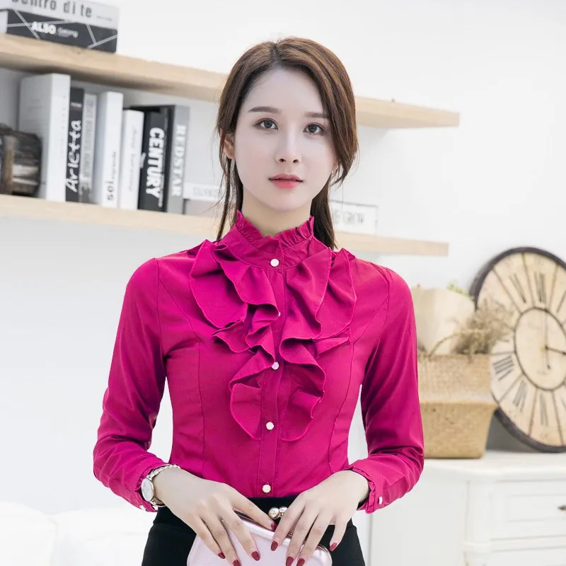 

Oversize 5XL Vintage LOLITA Office Blue White Long Sleeve Chiffon Shirt Women Stand Collar Elegant Blusas Female Gothic Blouse