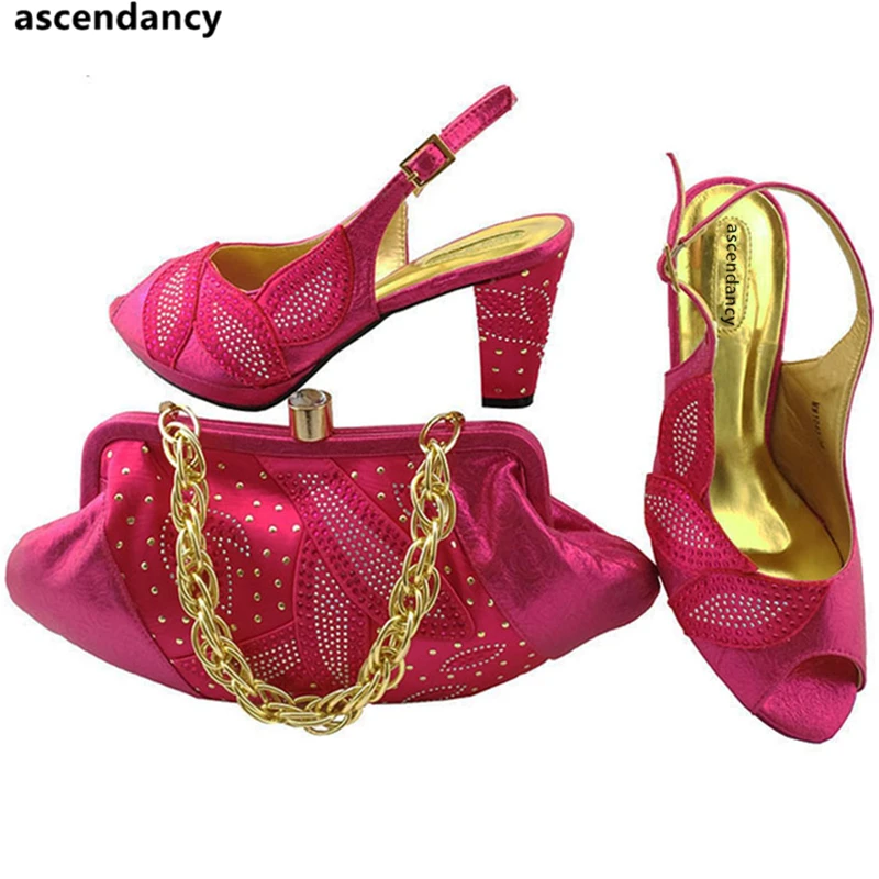 Fuchsia Color African Rhinestone Slingback Shoes and Bags to Match