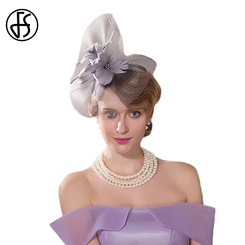

FS Summer Wedding Fascinator Gray Pillbox Hats For Women With Veils British Fedora Ladies Floral Party Church Cocktail Hat