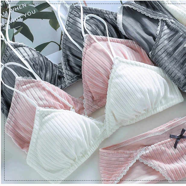 

Sexy Velvet Fabric Bralette Women's Cute Bra & Panties Set Wirefree Soft Underwear Sleep Intimates Set Kawaii Lolita