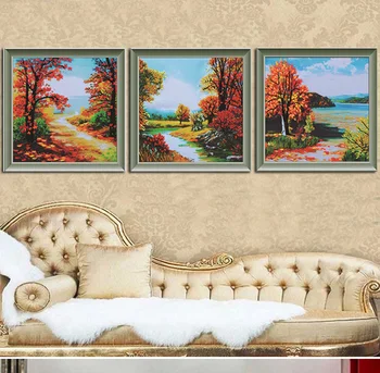 

50X50cm*3pcs/set Red Maple Hill Needlework 3D Ribbon Embroidery Painting DIY Cross Stitch Kit Unfinished Fashion Home Decor