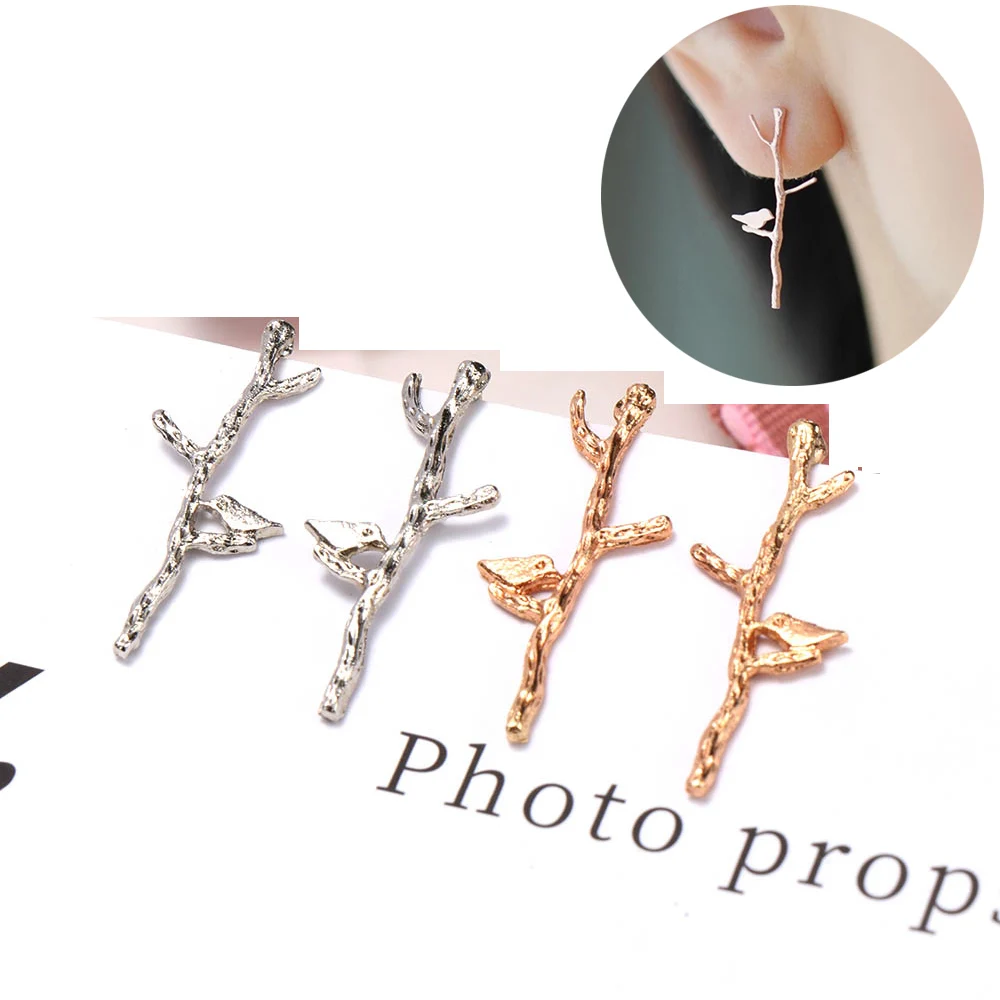 Fashion Unique Bird On Branch Stud Earring Metal Tree Branches Lovely Bird Ear Stud Earrings For Women Brincos
