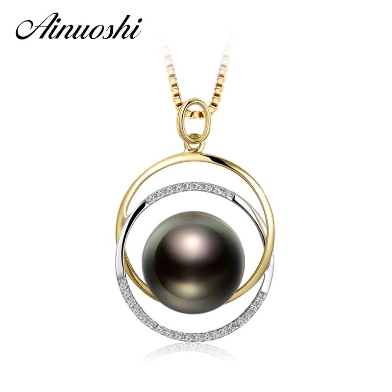 

AINUOSHI Natural Tahitian Black Pearl 11mm Round Pearl Necklace Pendants 925 Sterling Silver Yellow Gold Color Pendants Jewelry