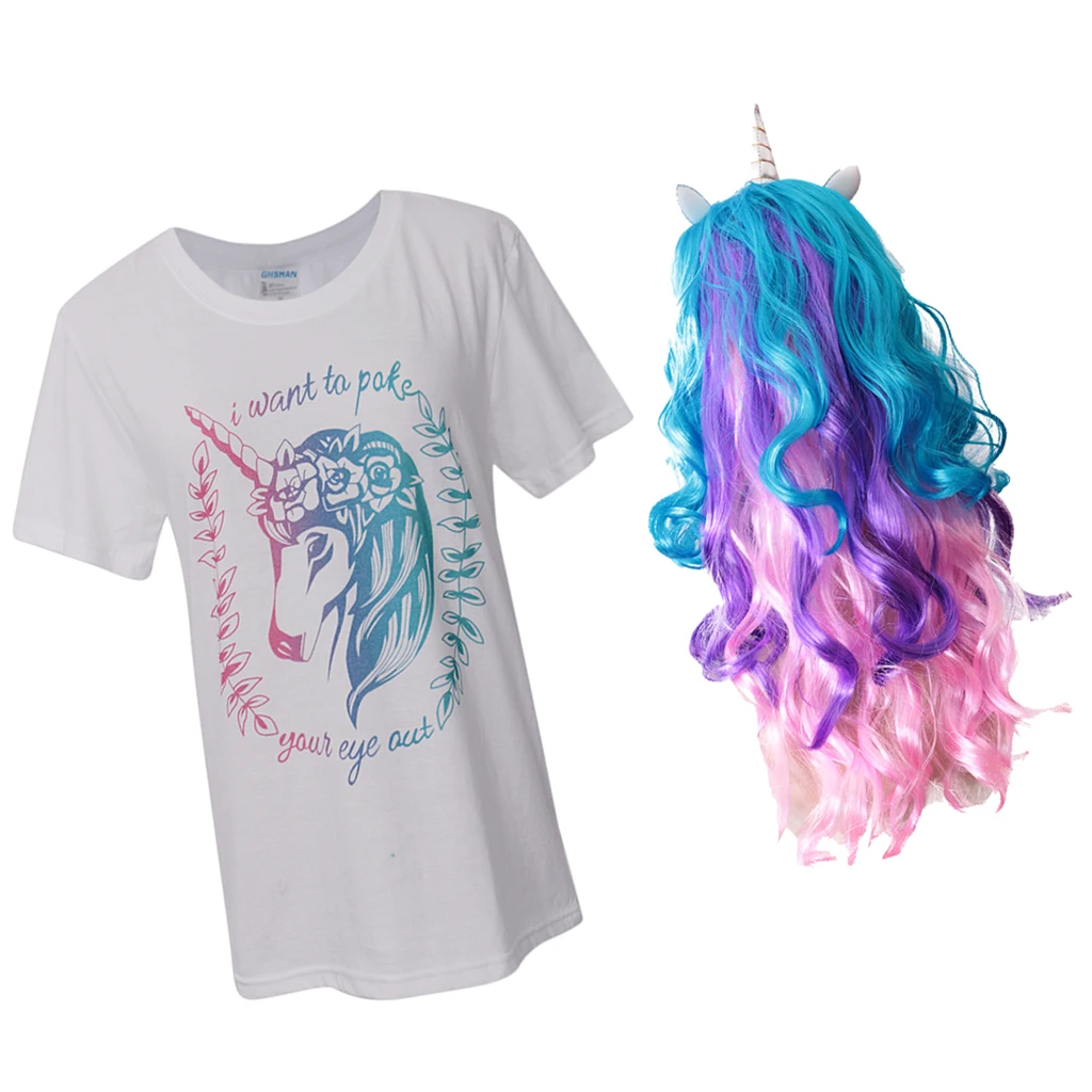

Novelty Unicorn Wavy Curly Wig Dress up Women’s Summer Party Birthday Unicorn T-shirt Top Tee XL