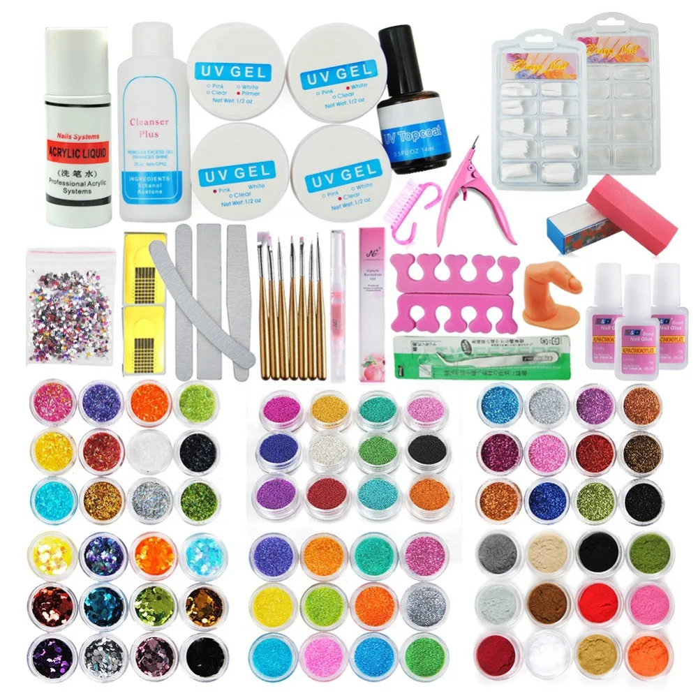 

72 Colors Acrylic Glitter Powder Kit Nail Art Decorations Set Brush For Nail Pusher Varnish Semi Permanent Uv Set