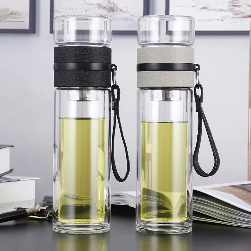

VA STUDIO Brief Glass Tea Infuse Water Bottles Creative Double Wall Glass Bottle for Tea Leaf Business Portable Glass Bottle