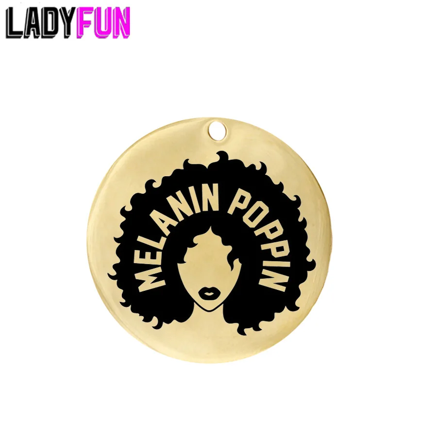 Ladyfun настраиваемые меланин Poppin афро подвеска для девочки Шарм круглый диск 25 мм черный афро подарки для леди талисманы для изготовления ювелирных изделий