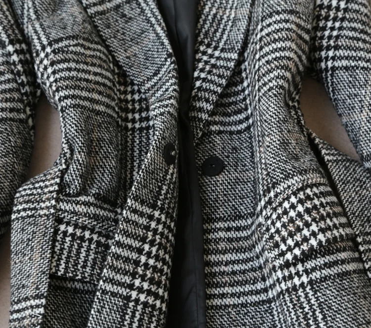 Элегантный женский средней длины дизайн шашки шаблон шерстяной пиджак классический дамы плед шерстяные пальто