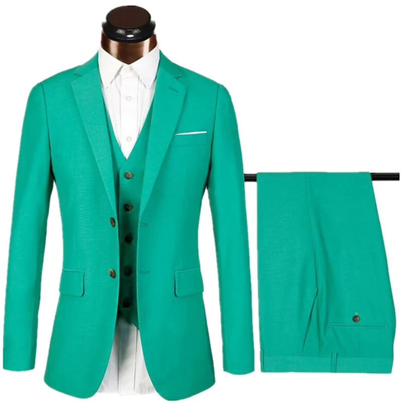 

Green Wedding Suits For Men Notched Collar Slim Fit Jacket +Vest+Pants+Bow tie Custom Made Wedding Groom Tuxedos Suits