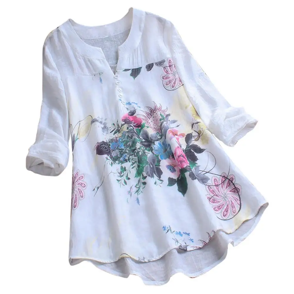 

Plus Size Women Vintage V-Neck Floral Printing Patch Long Sleeves Linen Top 2019 Hot Sale Loose Blouse Shirt For Female New