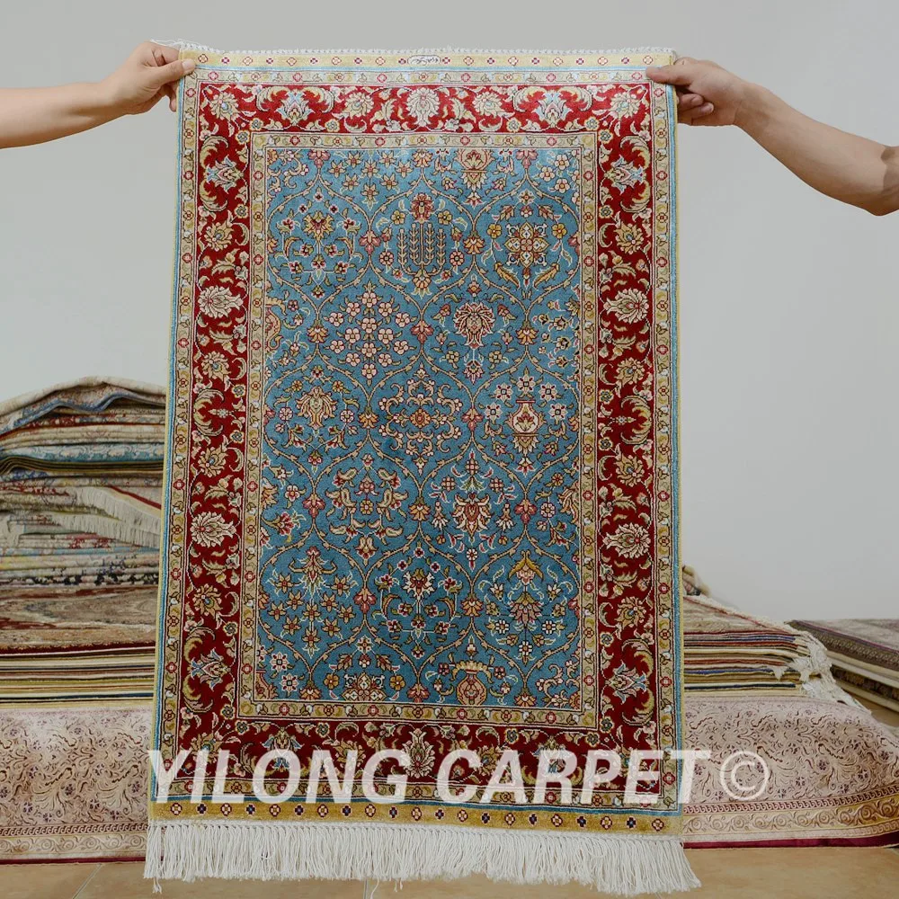 Yilong 1.9'x2.9' Oriental handmade silk carpet blue traditional