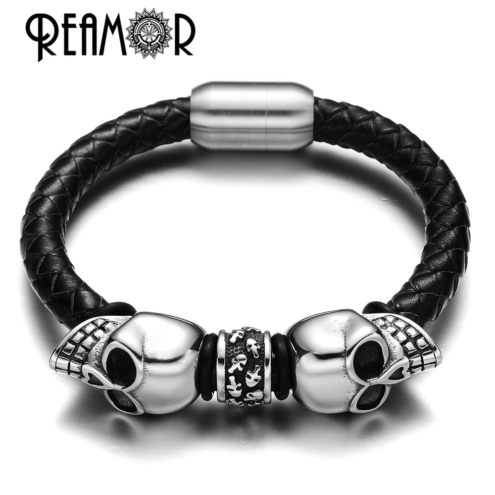 

REAMOR 2016 Punk Style 316L Stainless Steel Skull Head Beads Braided Black Leather Bracelets Bangles Luxury with Magnetic Buckle