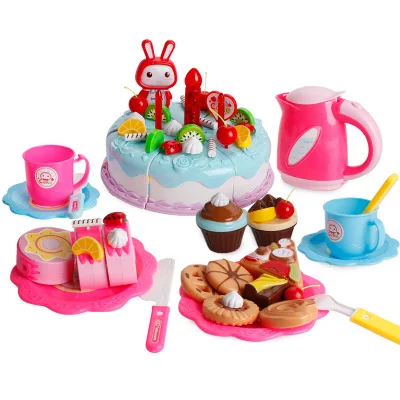 38-86 шт DIY ролевые игры фрукты разрезание торта ко дню рождения кухонная игрушечная еда Cocina De Juguete игрушка розовый синий подарок для девочек для детей - Цвет: 86pcs blue