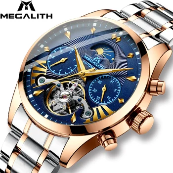 

MEGALITH Full Gold Steel Mechanical Watch Men Sport Tourbillon Automatic Mechanical Watches Men Waterproof Luminous Hand Clock