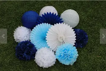 

12pcs Mixed Baby Blue Navy White Tissue Paper Pom Poms Paper Lanterns Tissue Paper Fan Wedding Birthday Decorations Baby Shower