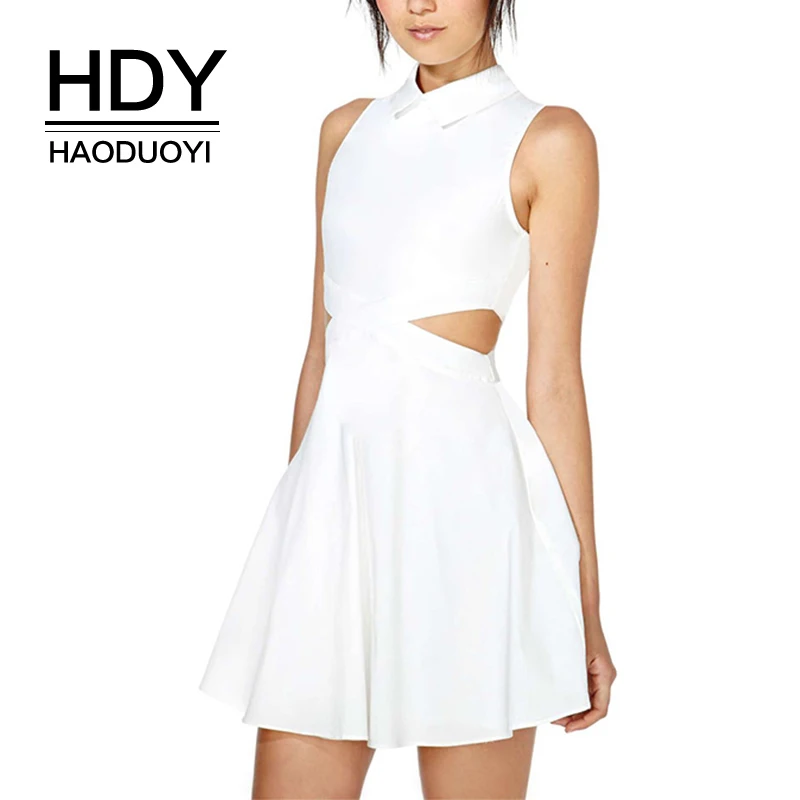 

HDY Haoduoyi 2019 New Arrival Solid Turn Down collar Sleeveless A line Dress Zipper Cut out Sexy Party Mini Dress For Women