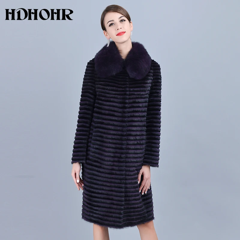 

HDHOHR 2019 High Quality Real Mink Fur Coat Women Natural Fur Coats Noble Purple Fox Fur Collar Genuine Leather Long Jackets